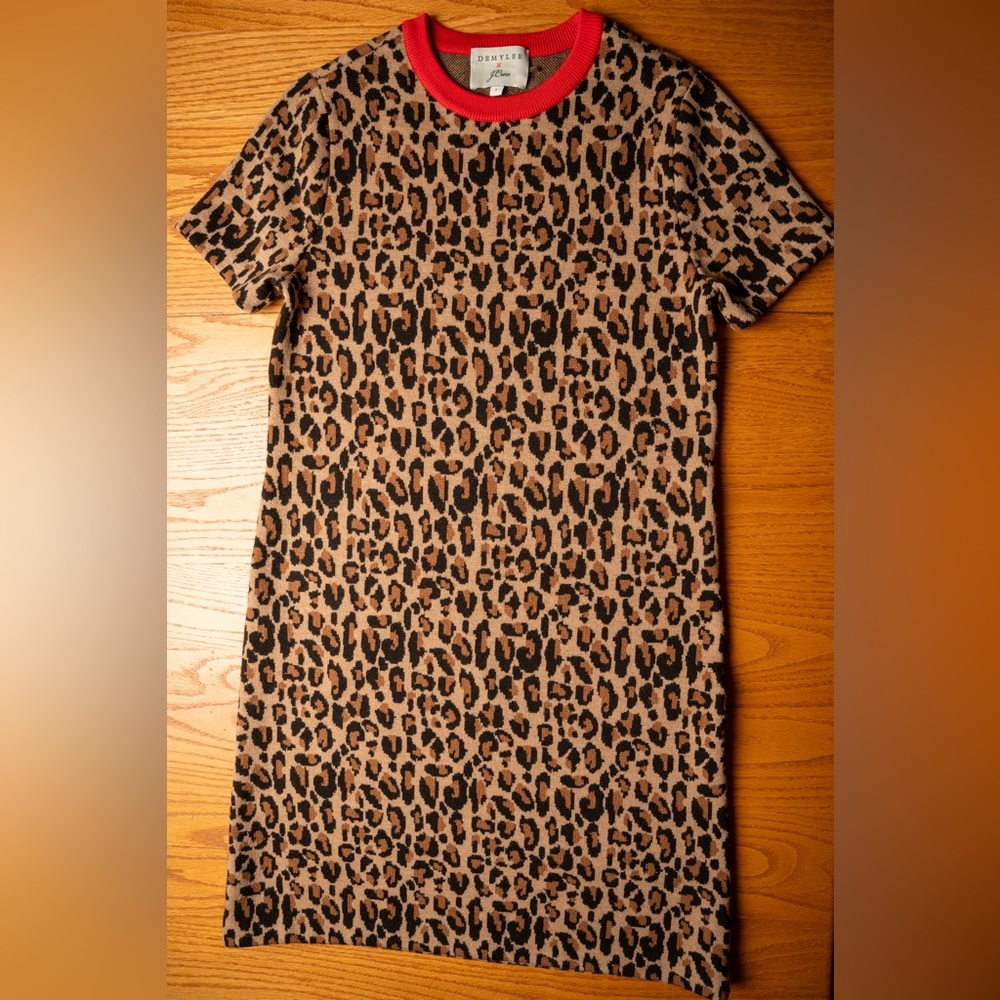 J. Crew Collection knit leopard print dress with red collar.